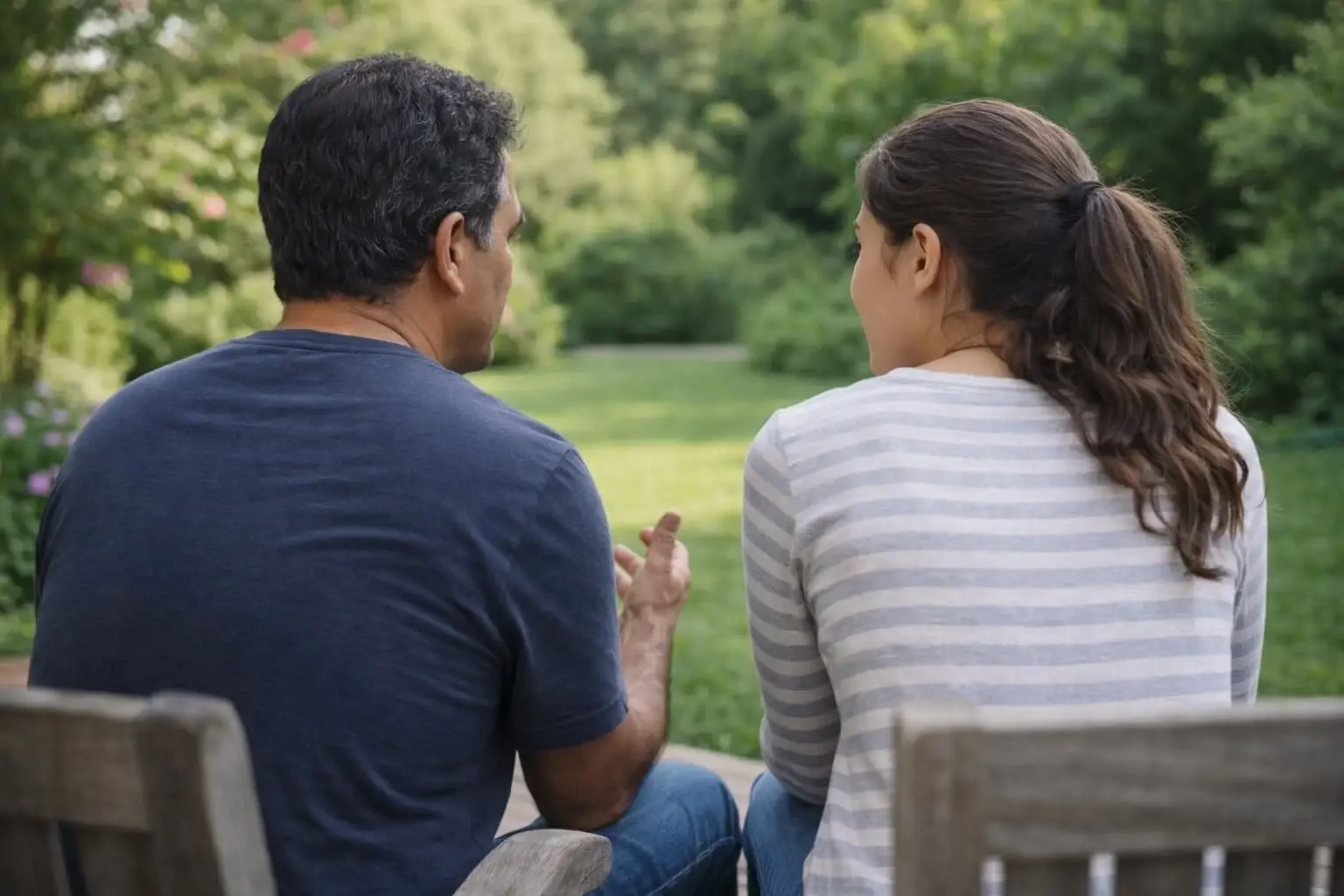 Two people sitting outdoors in a garden, having a calm, supportive conversation